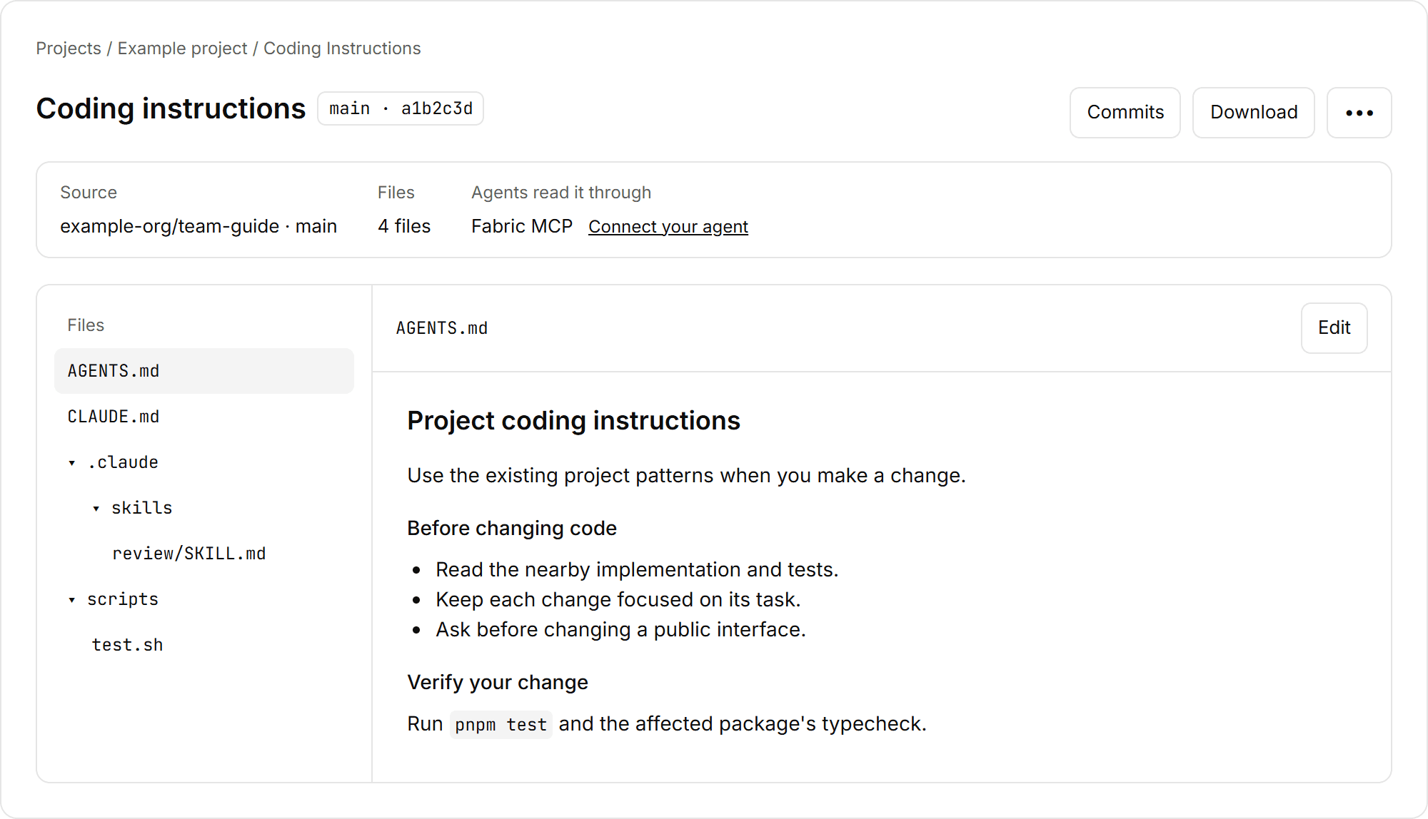 The Coding Instructions tab for an example project, showing the main branch, a file tree with AGENTS.md selected, the instruction content, and the Commits, Download, and More controls.