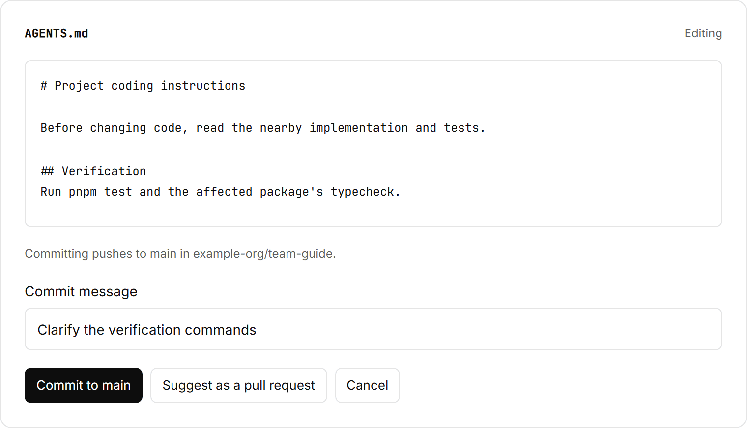 An instruction file being edited, with a commit-message field and separate Commit to main, Suggest as a pull request, and Cancel actions.