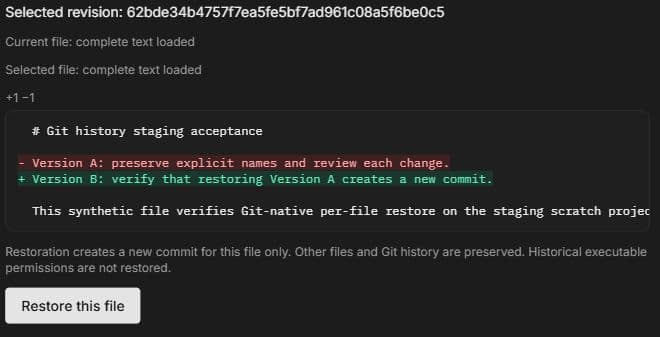 A selected Git file version compared with the current branch, with the Restore this file action below the diff.