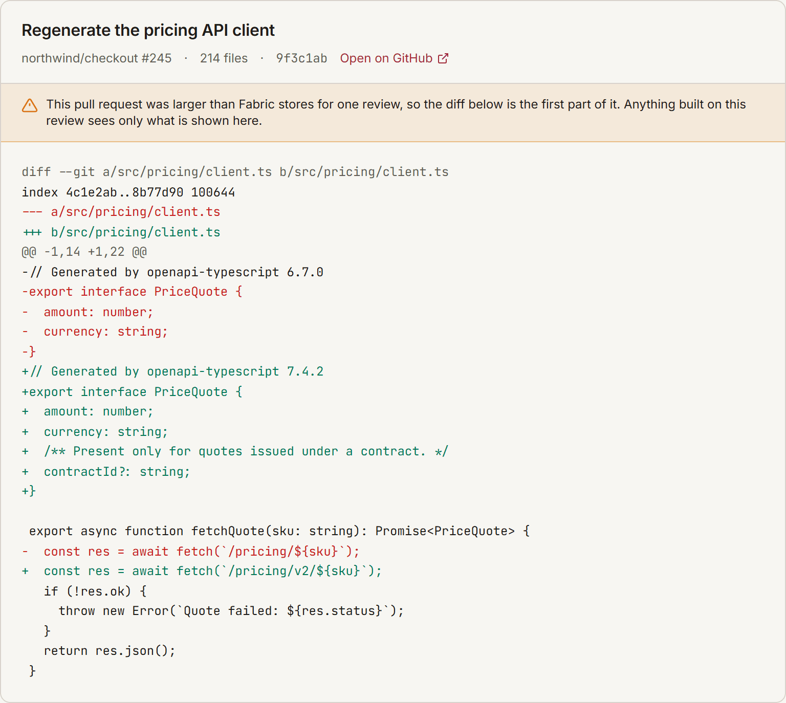A truncated pull-request read: the header shows the repository, number, file count and head commit, an amber banner states the diff is only the first part of the change, and the raw unified diff follows below it