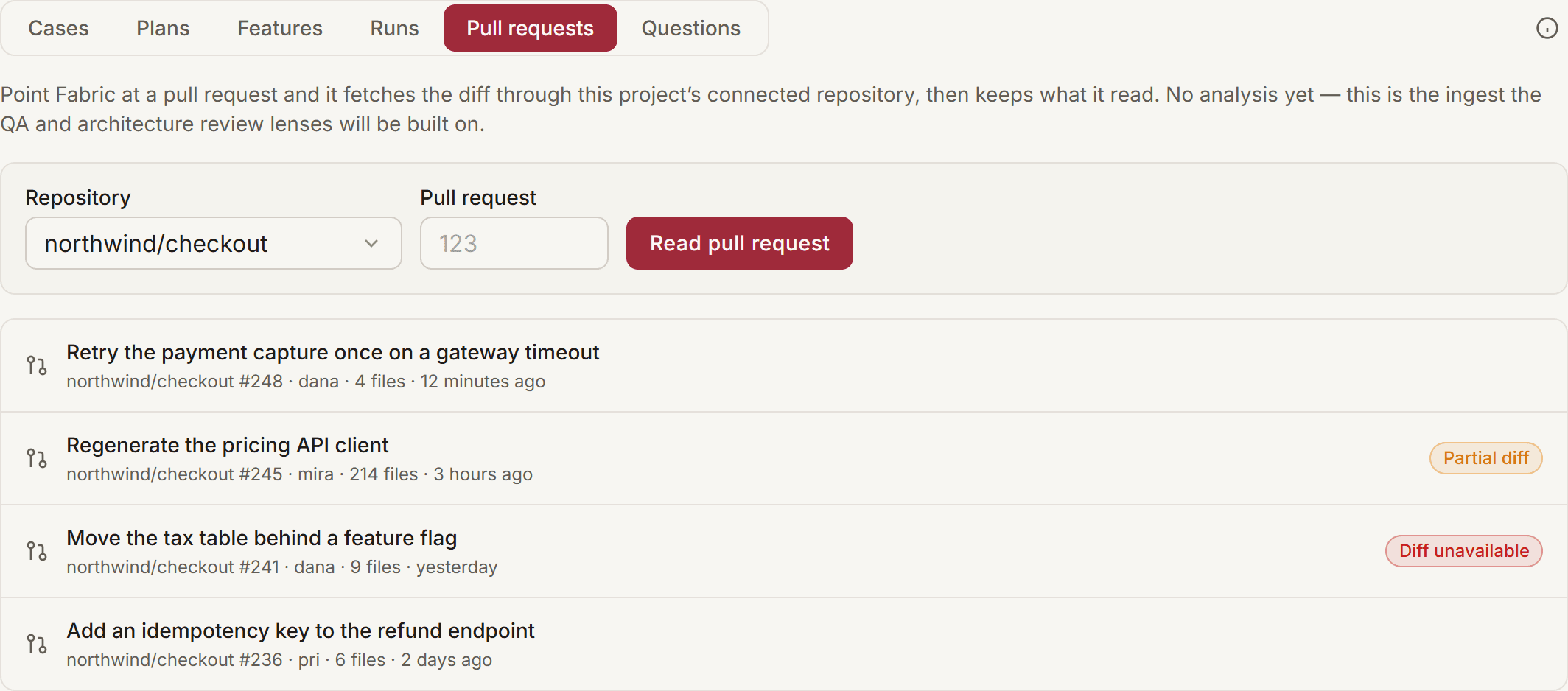 The Pull requests segment of a project's Testing tab: a repository picker and pull-request number above a list of four pull requests Fabric has read, two of them marked Partial diff and Diff unavailable