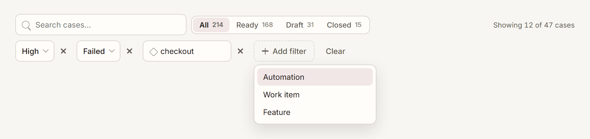 The Cases toolbar: a search field, the All / Ready / Draft / Closed segments with counts, and below them three filters in use — priority High, result Failed, and the tag "checkout" — each with an x beside it, then a dashed "Add filter" button with its menu open offering only the three filters not already shown